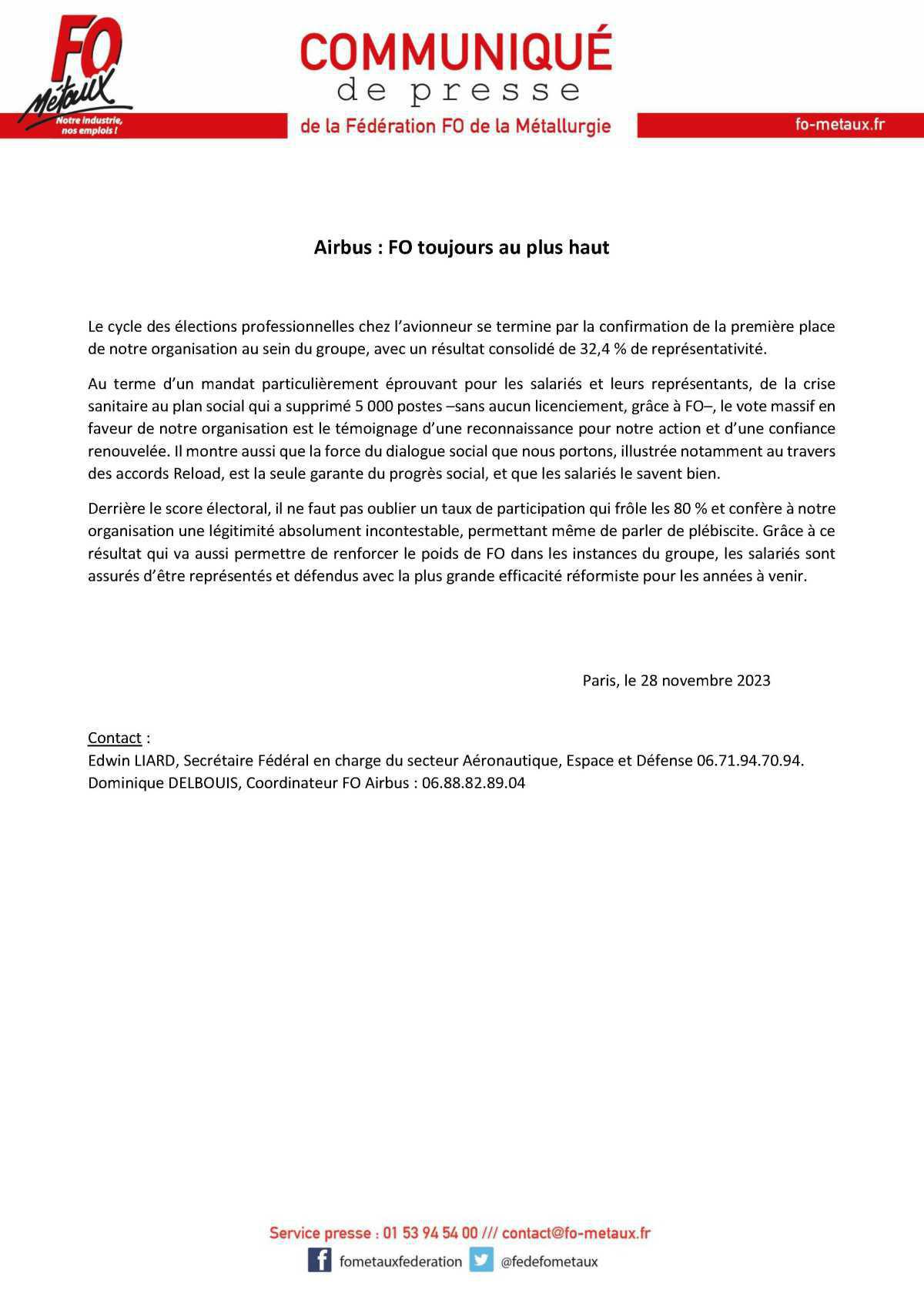 Communiqué de presse de la fédération de la métallurgie