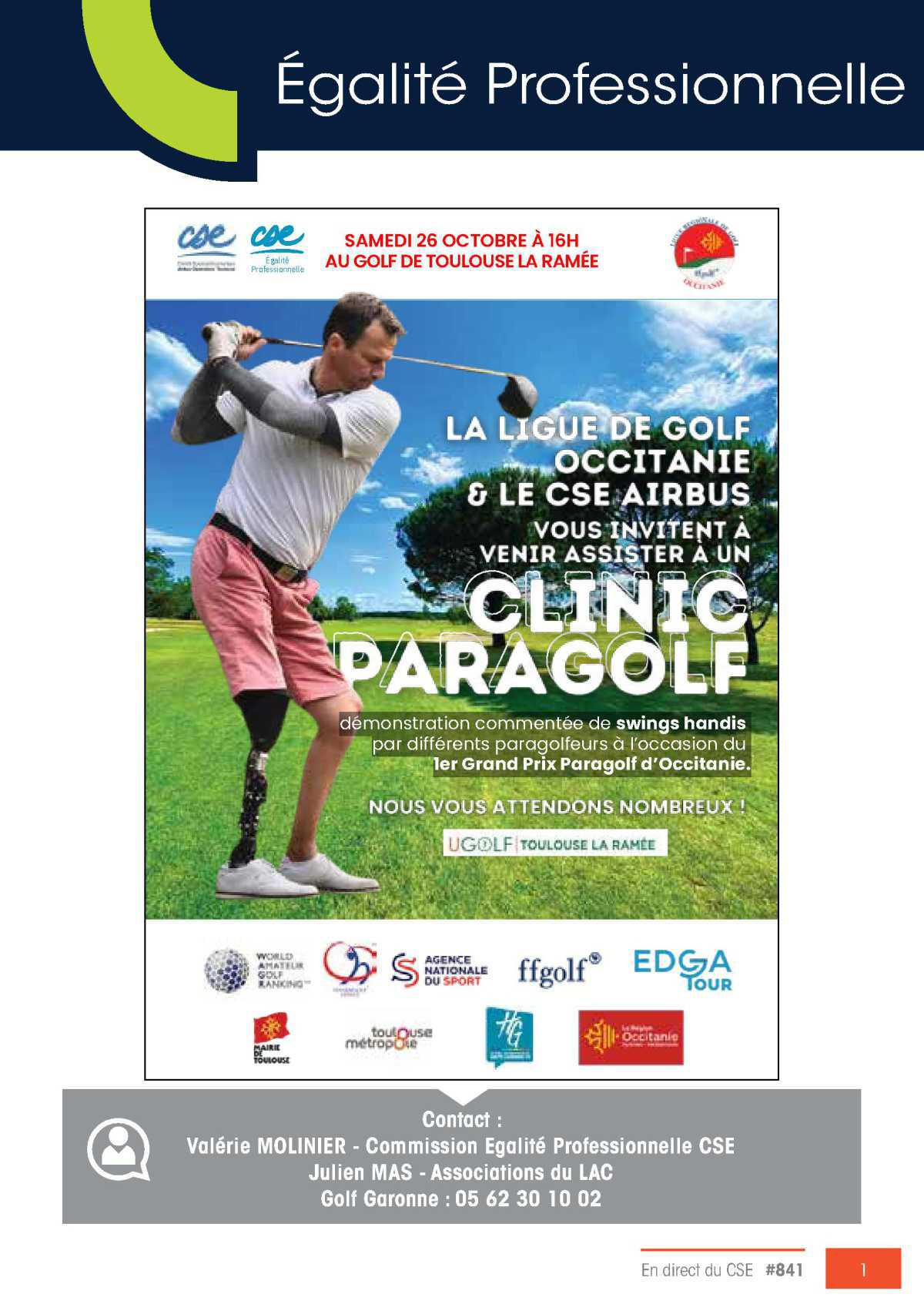 Egalité Professionnelle: La ligue de golf et le CSE AIRBUS vous invitent à venir assister à un CLINIC PARAGOLF