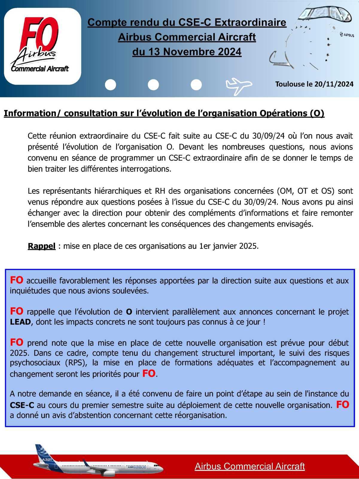 Compte rendu du CSE-C Extraordinaire Airbus Commercial Aircraft du 13 Novembre 2024