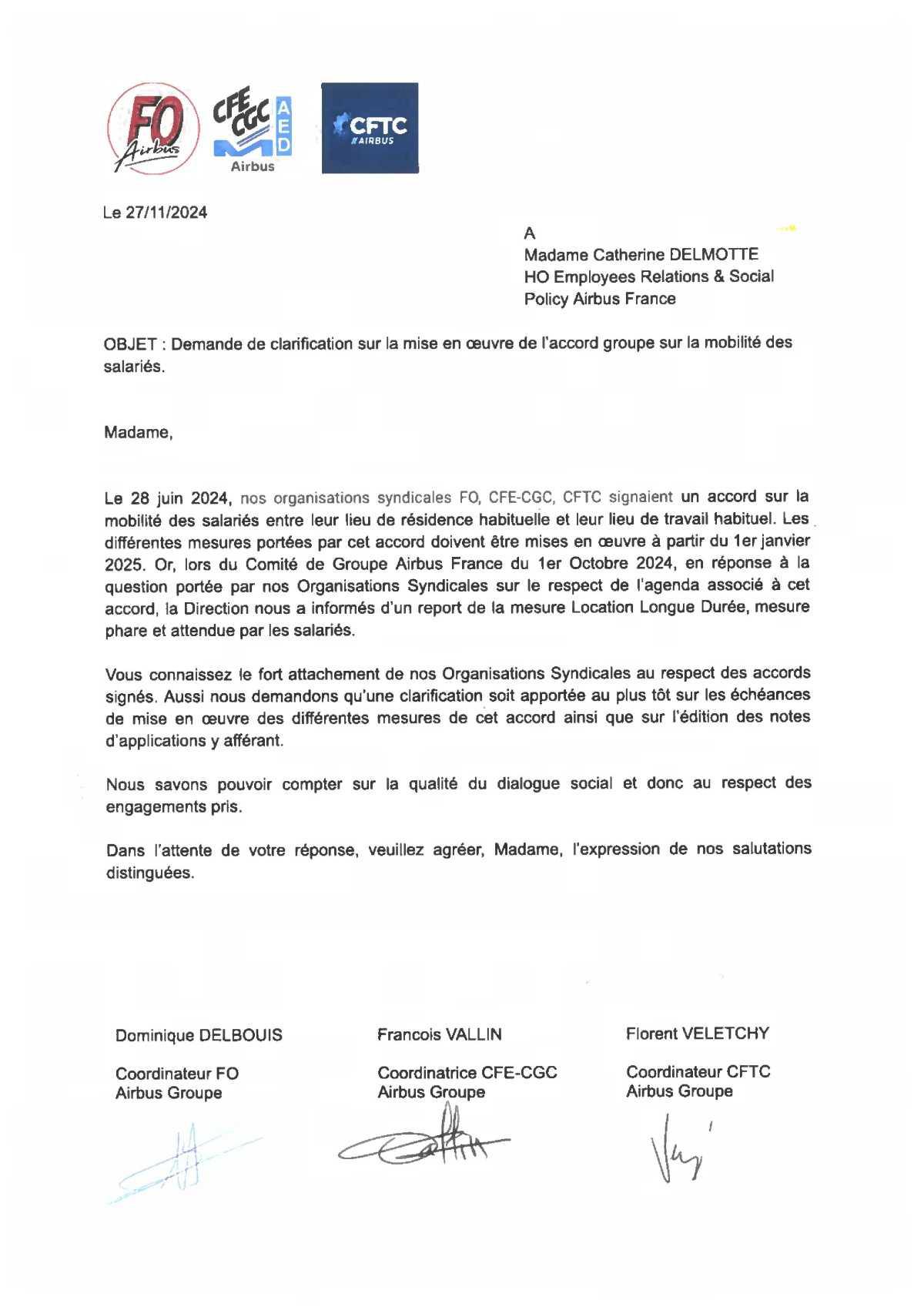 Courrier de FO / CFE-CGC / CFTC au sujet de l'accord mobilité domicile-travail des salariés (FR/EN)