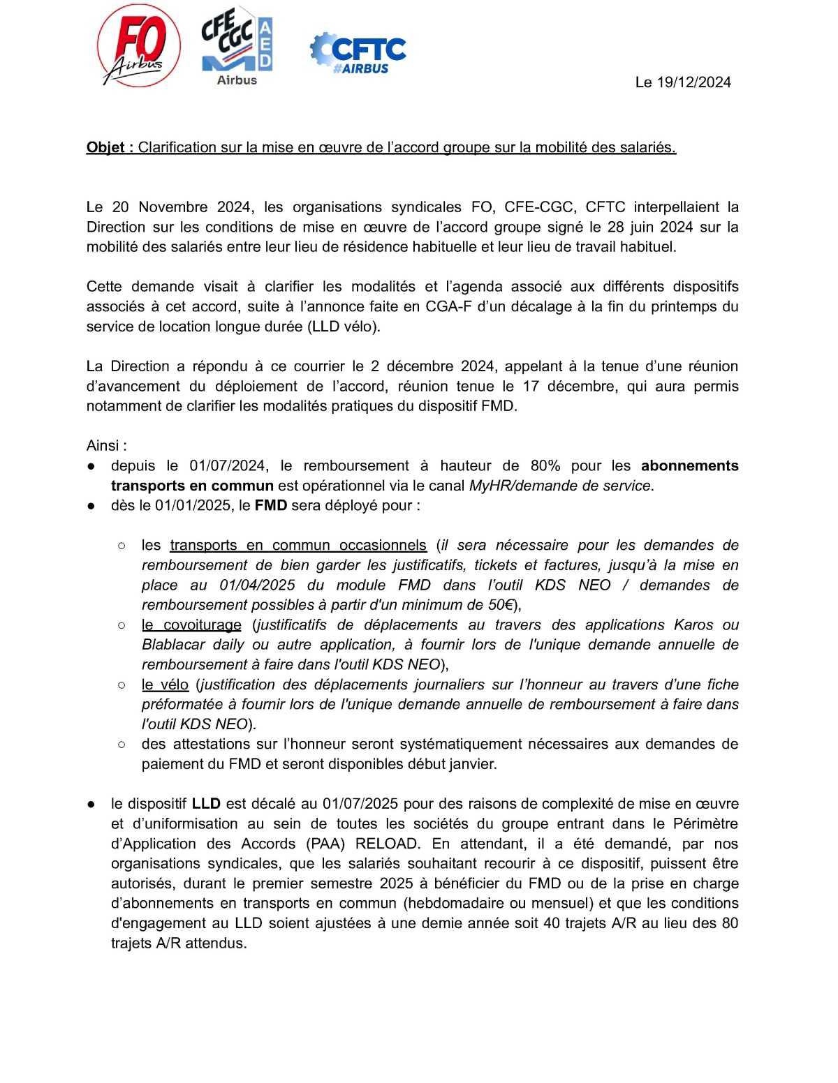 Clarification sur la mise en œuvre de l'accord Groupe sur la mobilité des salariés 