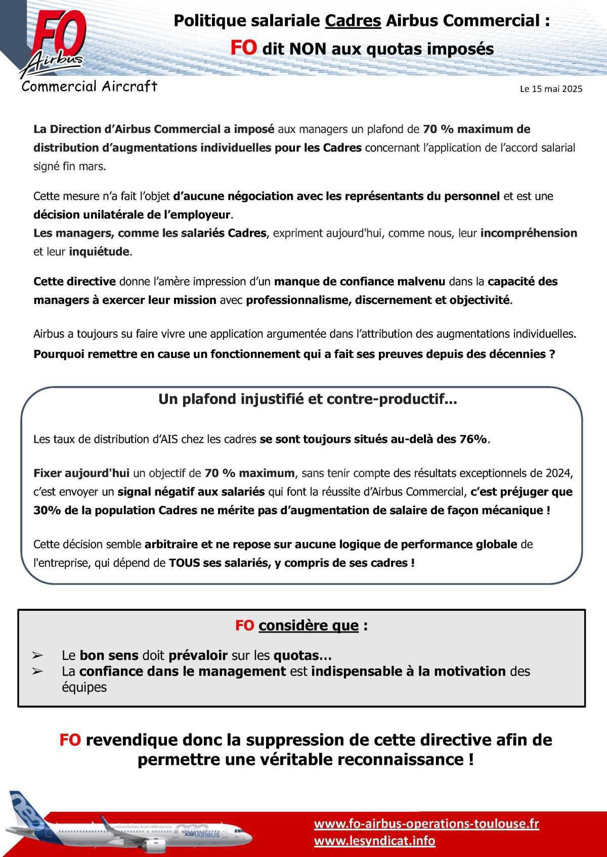 Politique salariale Cadres Airbus Commercial: FO dit NON aux quotas imposés