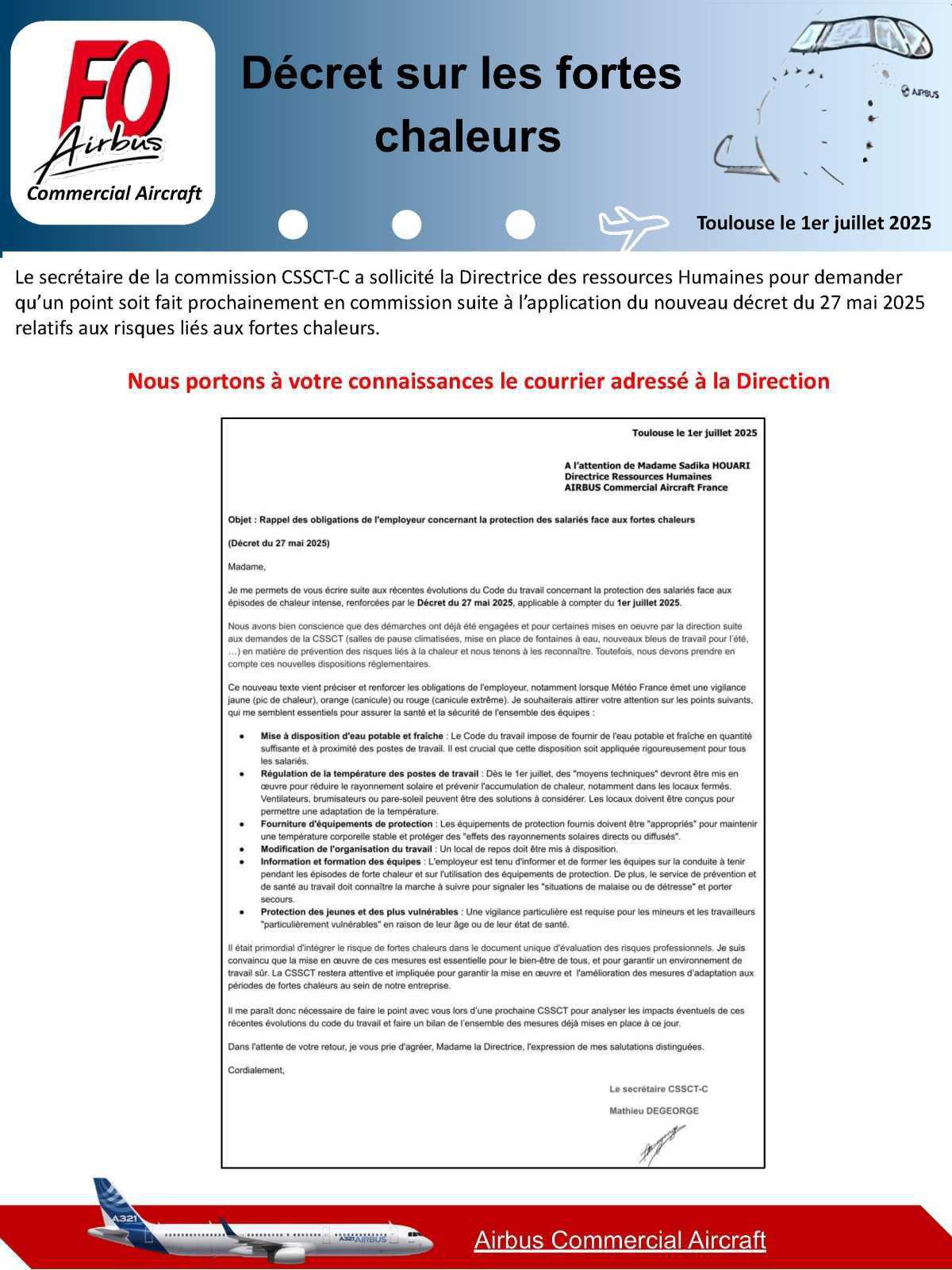 Courrier Direction: Décret sur les fortes chaleurs
