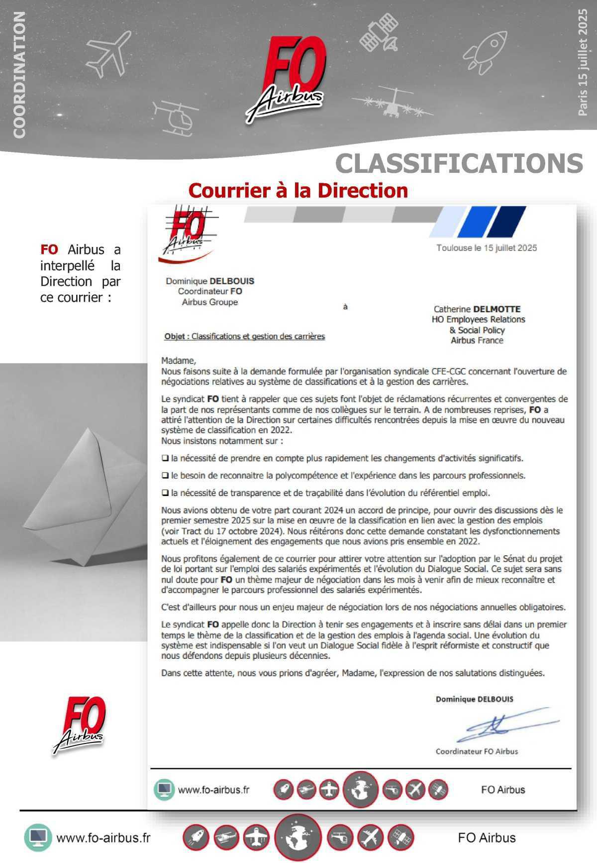 Courrier FO --> Direction : Classifications & Gestion des carrières