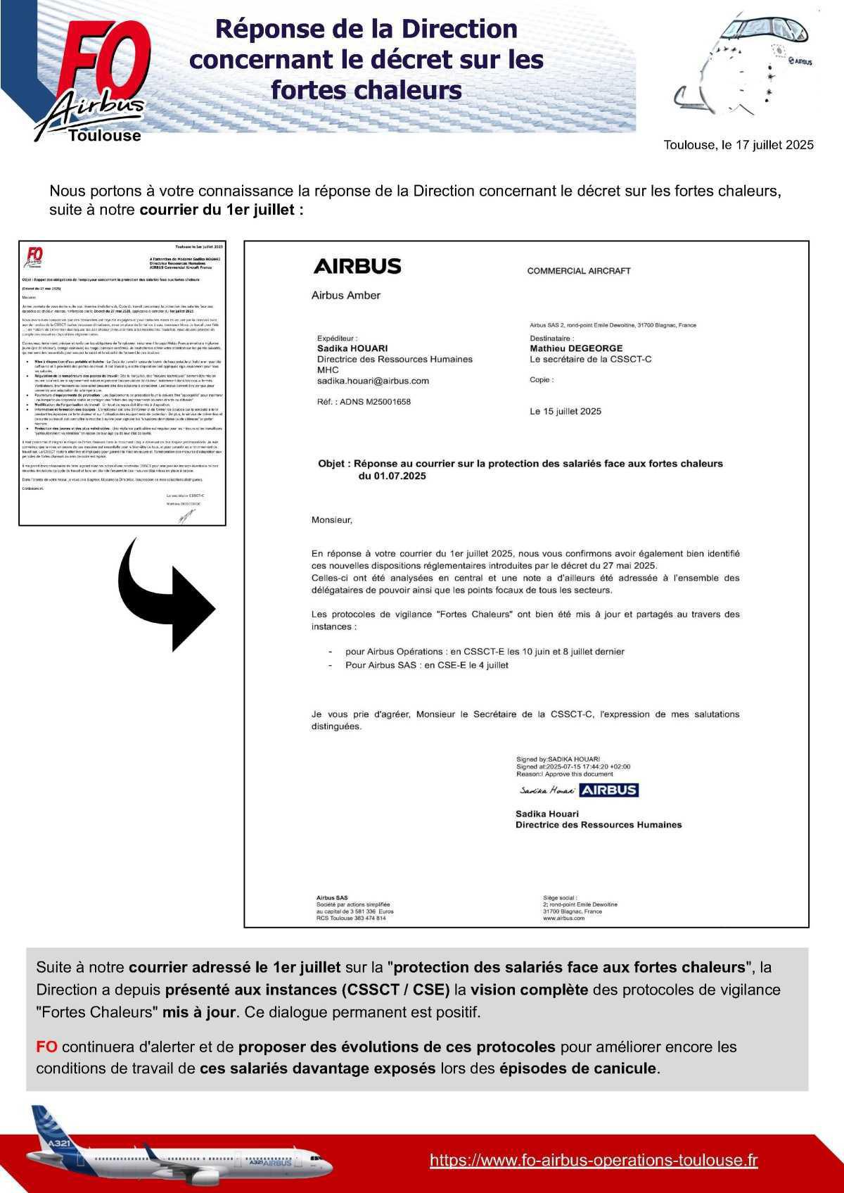 Réponse de la Direction concernant le décret sur les fortes chaleurs