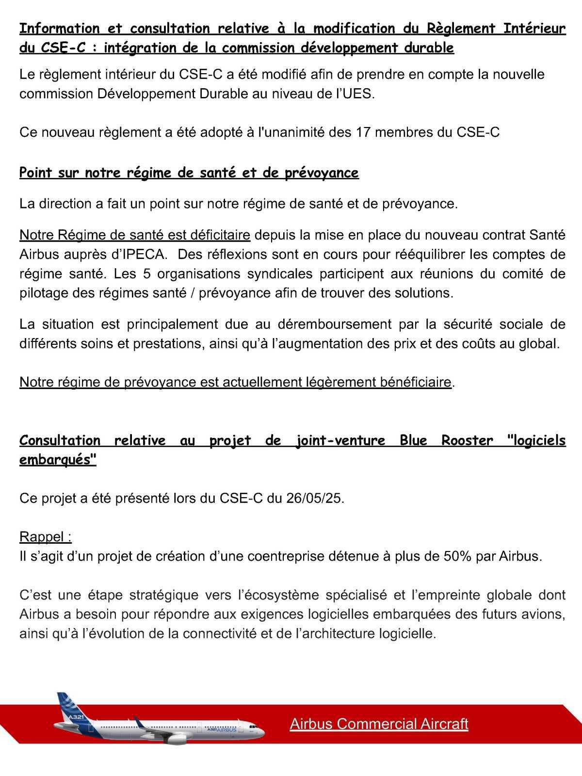 Compte rendu du CSE-C Airbus Commercial Aircraft du 7 juillet 2025