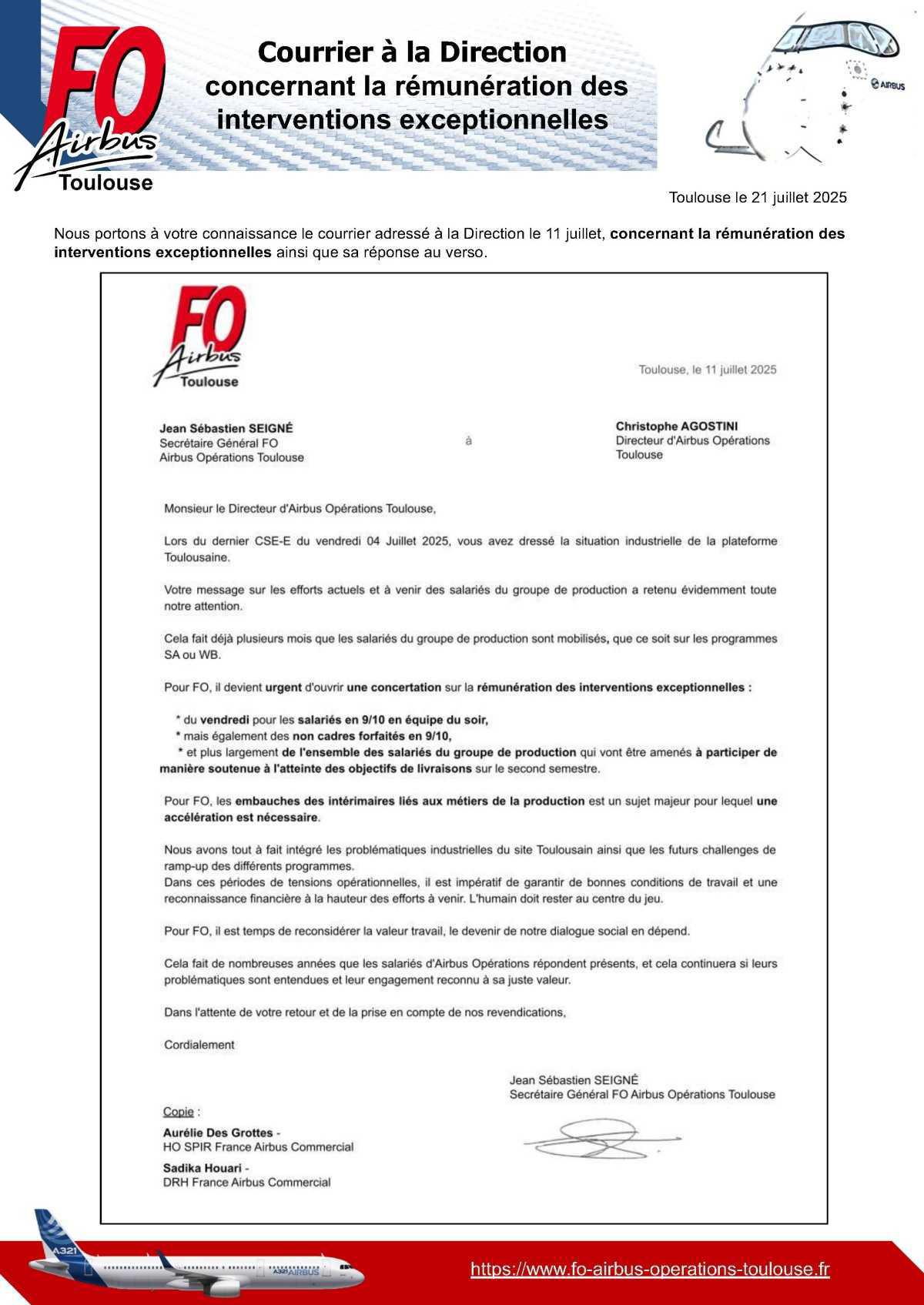 Courrier à la Direction concernant la rémunération des interventions exceptionnelles