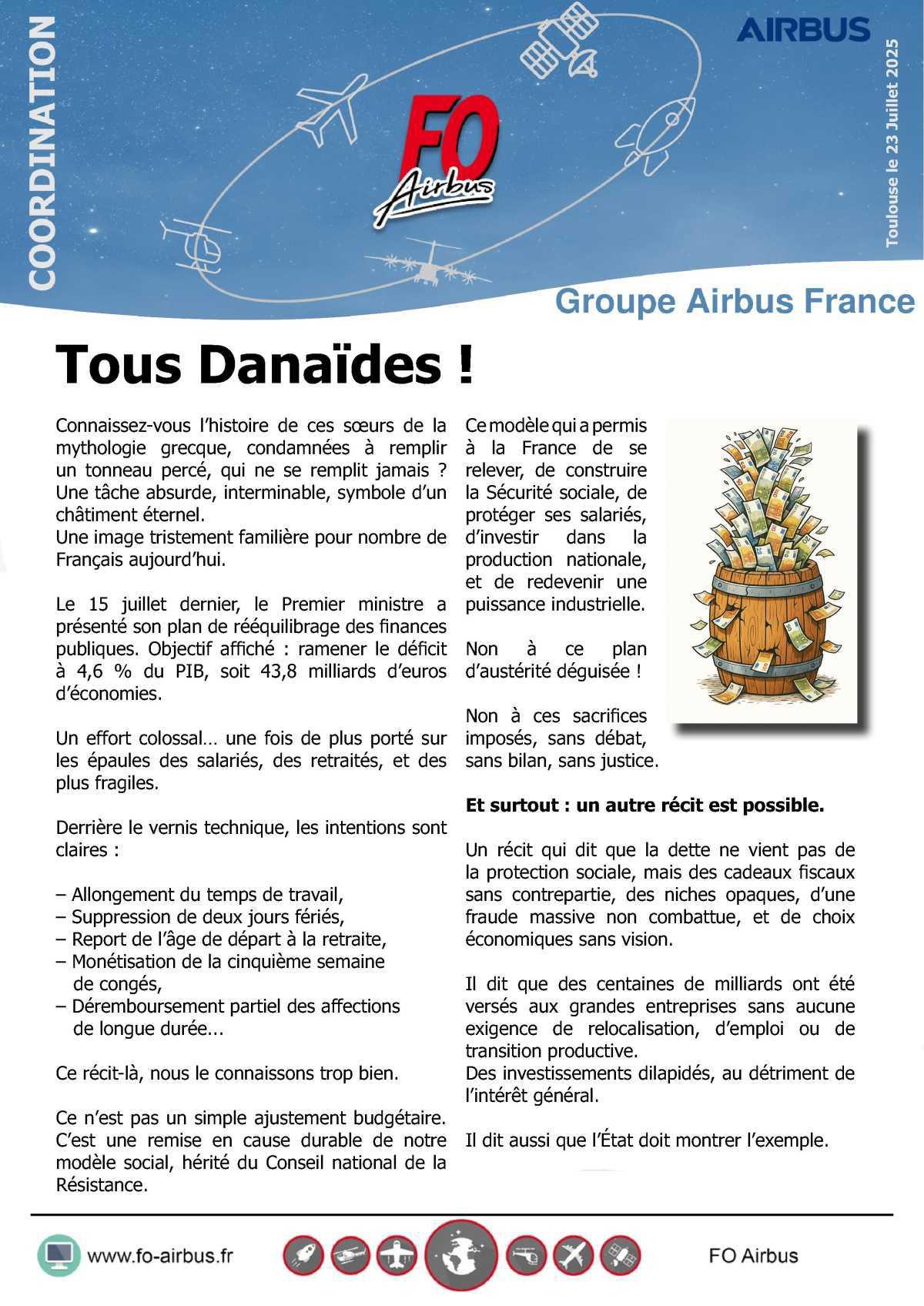Communication FO Airbus Group contre les orientations budgétaires, mesures d'économies du 1er Ministre.