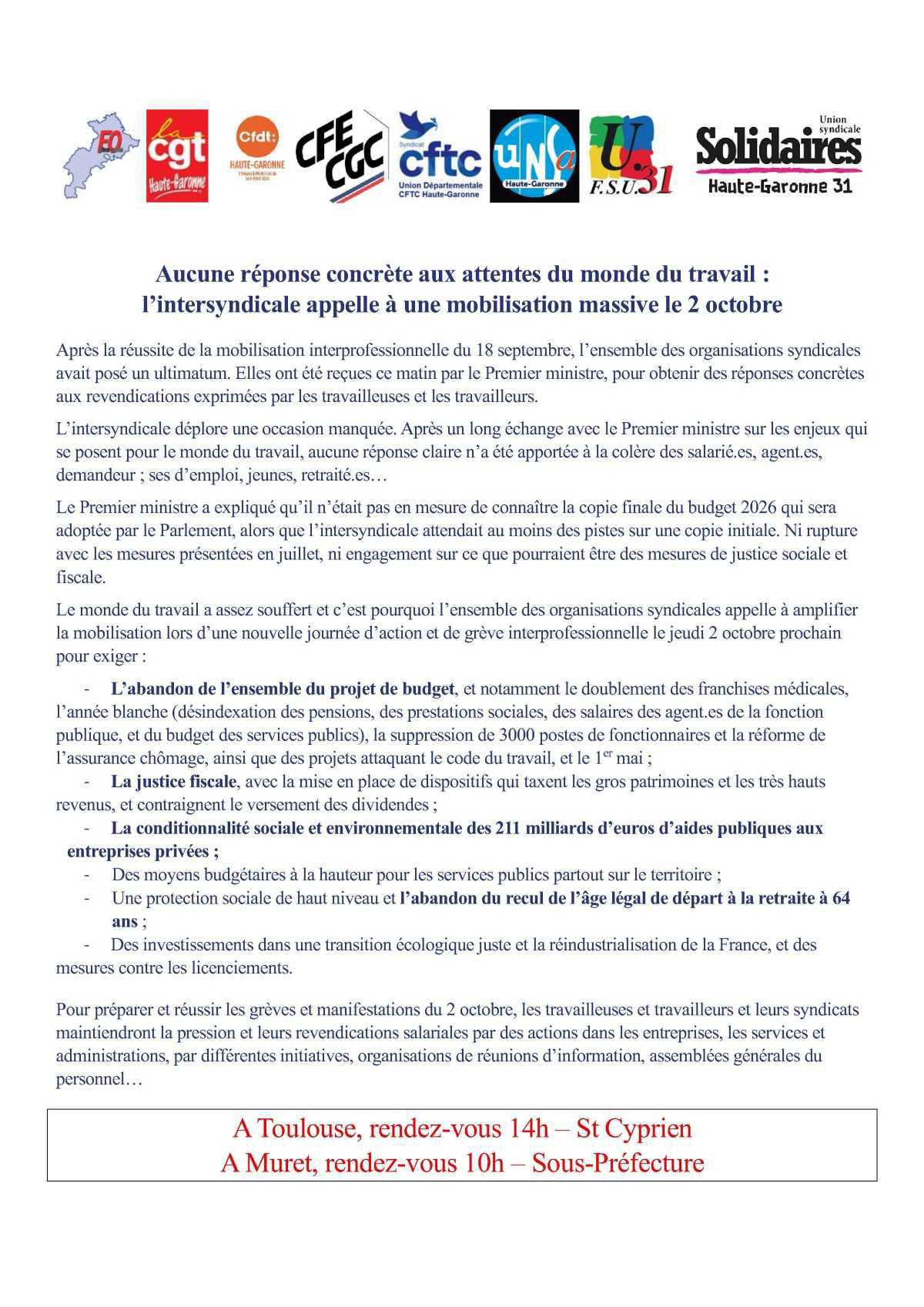 Mobilisation Intersyndicale du jeudi 02 octobre : FO AIRBUS sera du cortège !