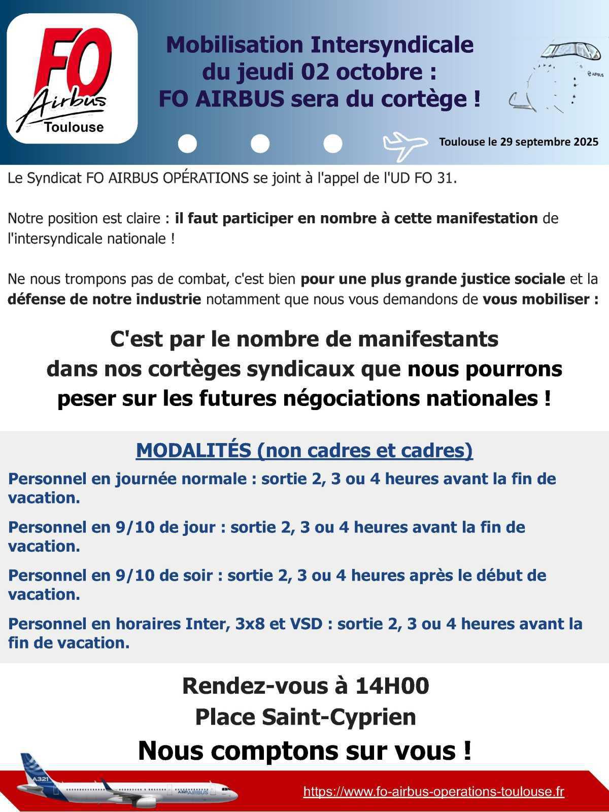 Mobilisation Intersyndicale du jeudi 02 octobre : FO AIRBUS sera du cortège !