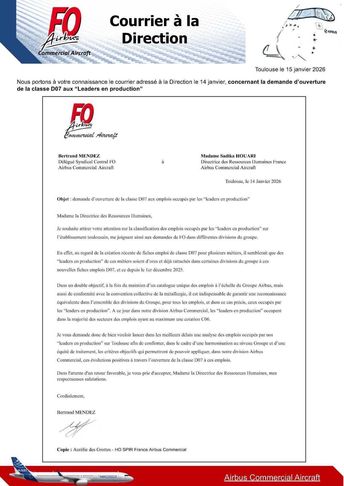 Courrier à la Direction concernant la demande d’ouverture de la classe D07 aux “Leaders en production” 