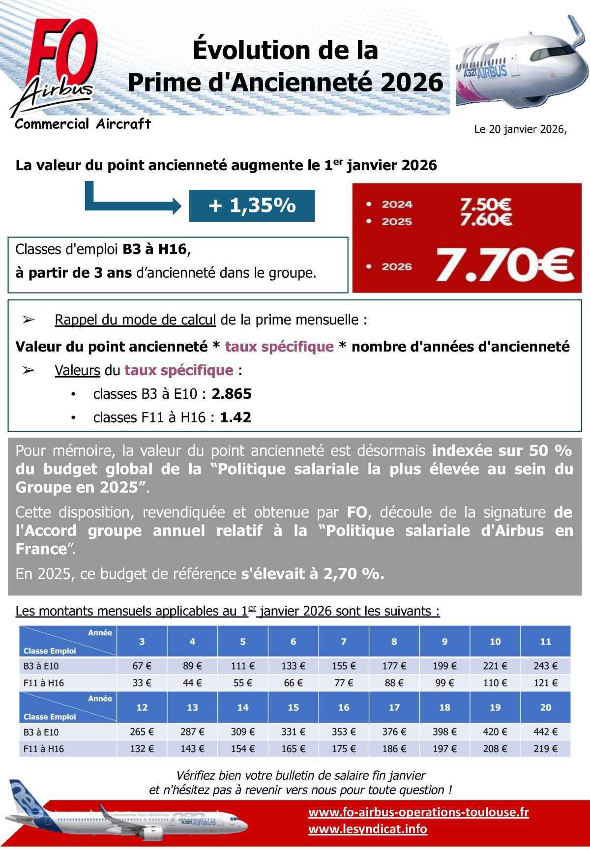 Evolution de la prime d'ancienneté 2026