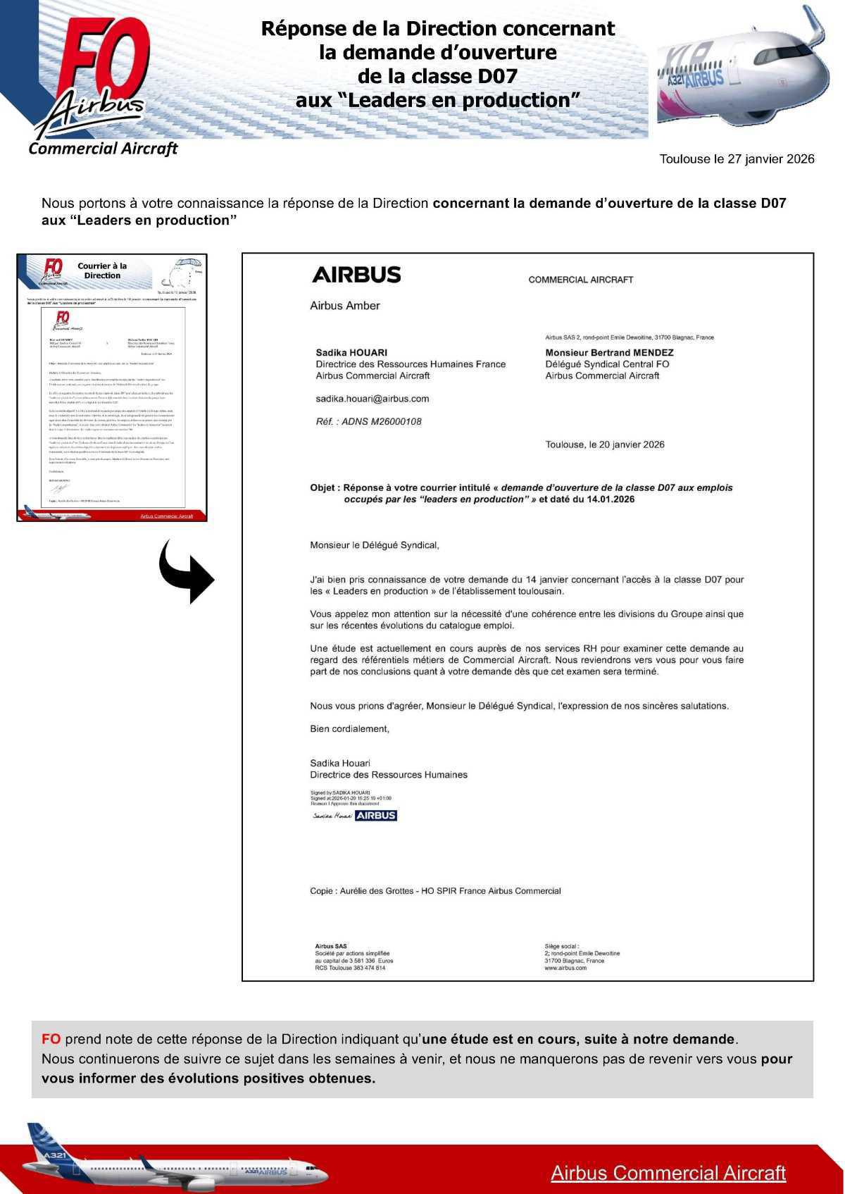 Réponse de la Direction concernant la demande d’ouverture de la classe D07 aux “Leaders en production”