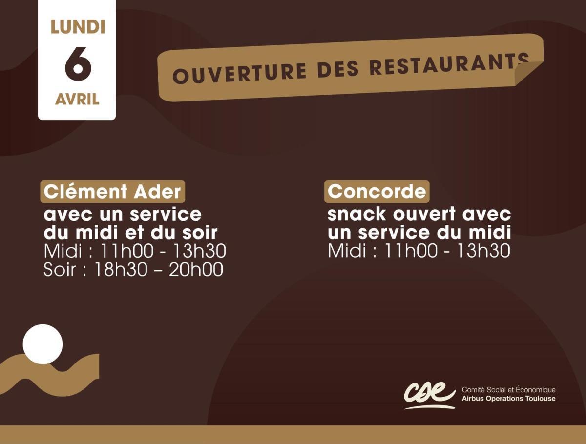 Restauration: Info ouverture des restaurants lundi 6 avril 2026