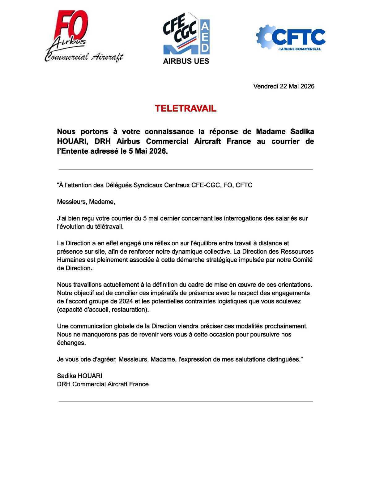 Télétravail: Réponse de la Direction
