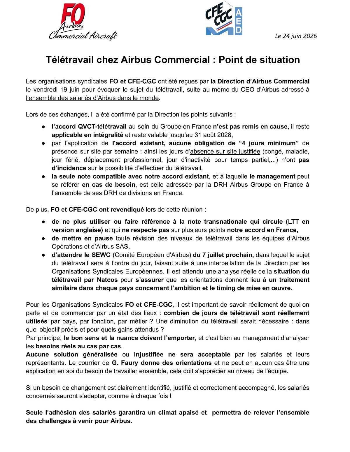 Télétravail chez Airbus Commercial : Point de situation