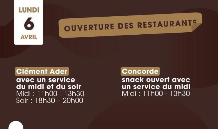 Restauration: Info ouverture des restaurants lundi 6 avril 2026