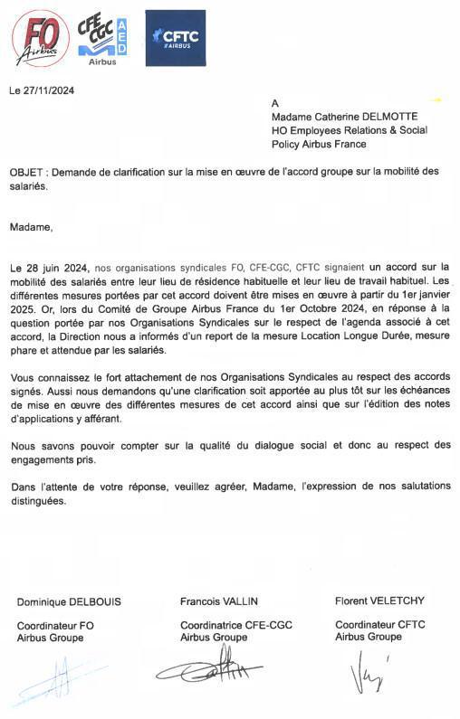 Courrier de FO / CFE-CGC / CFTC au sujet de l'accord mobilité domicile-travail des salariés (FR/EN) Courrier de FO / CFE-CGC / CFTC au sujet de l'accord mobilité domicile-travail des salariés (FR/EN)