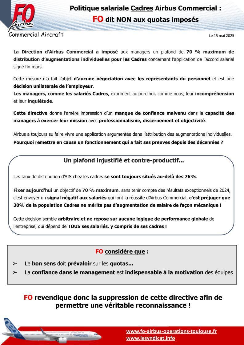 Politique salariale Cadres Airbus Commercial : FO dit NON aux quotas imposés