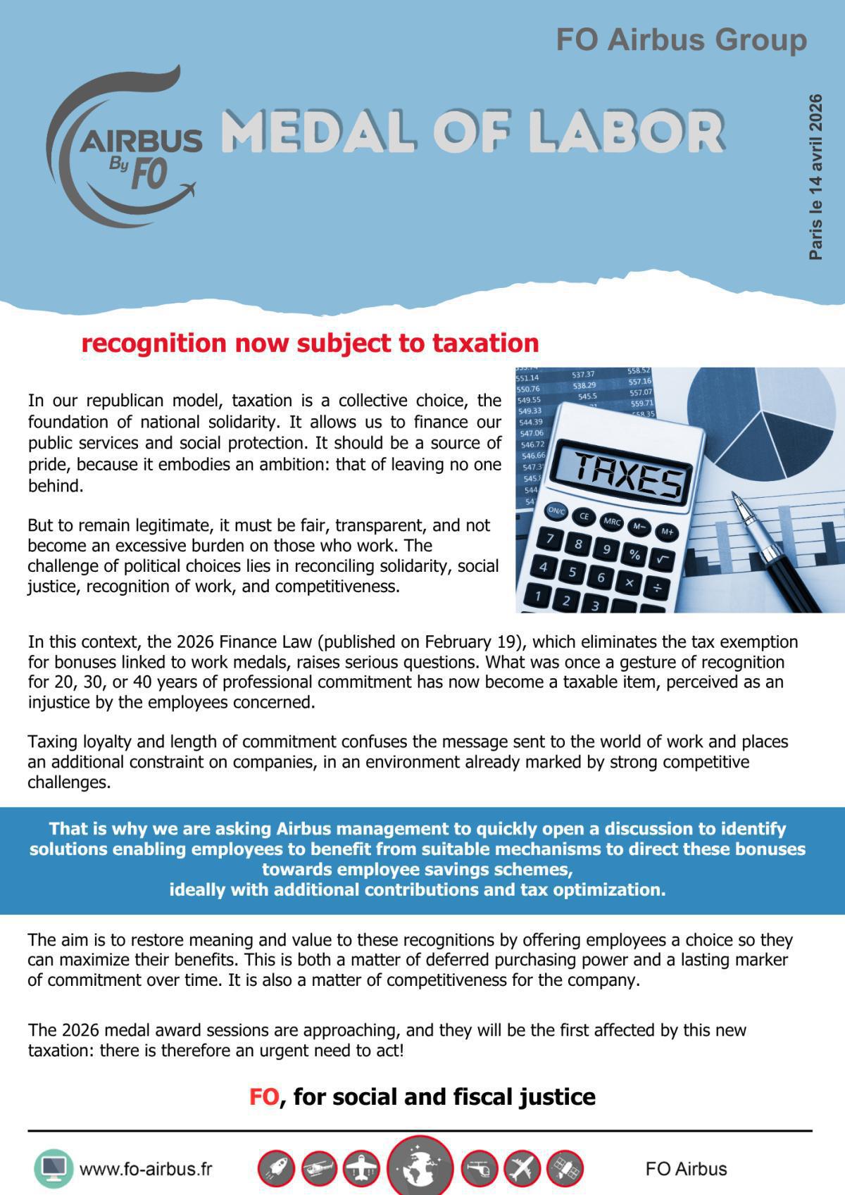 Labor medal: recognition now subject to taxation!