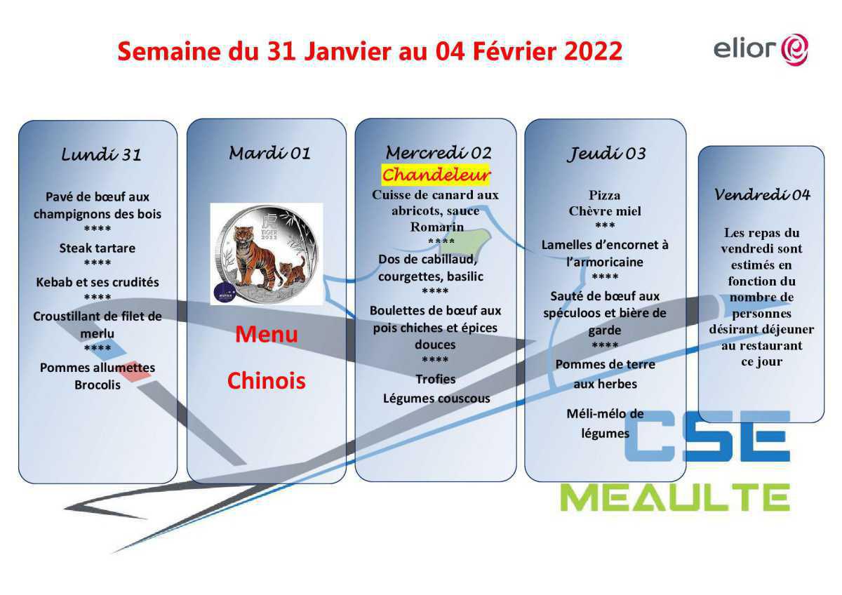 Menu du 31 Janvier au 04 Février