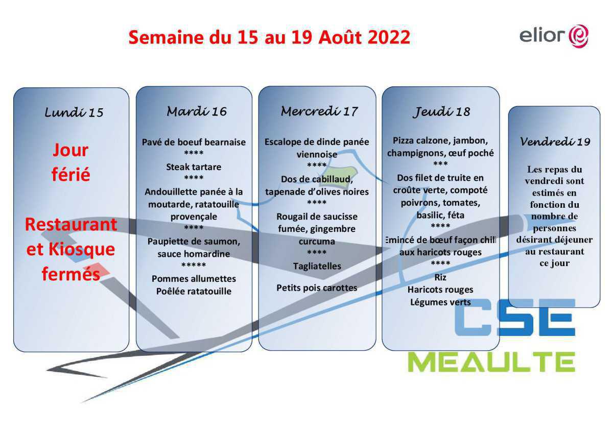 Menu du 15 au 19 Aout