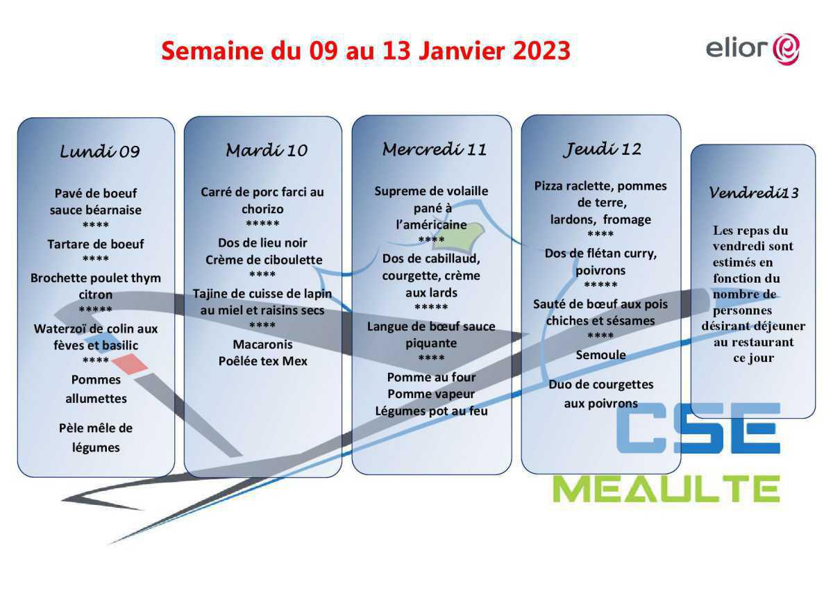 Menu du 9 au 13 Janvier