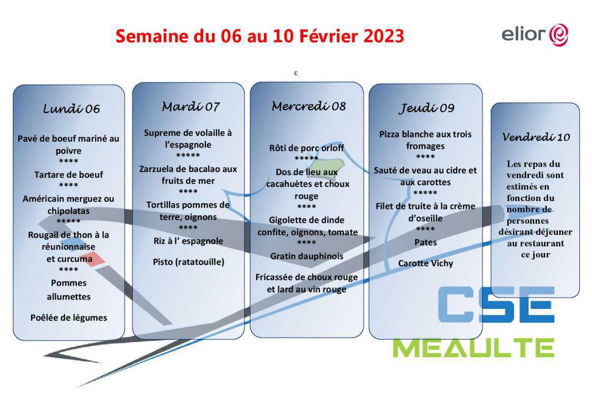 Menu du 06 au 10 Février 2023