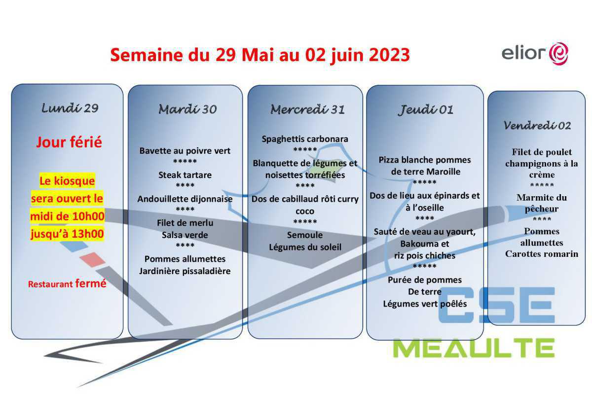 Menu du 29 Mai au 02 Juin