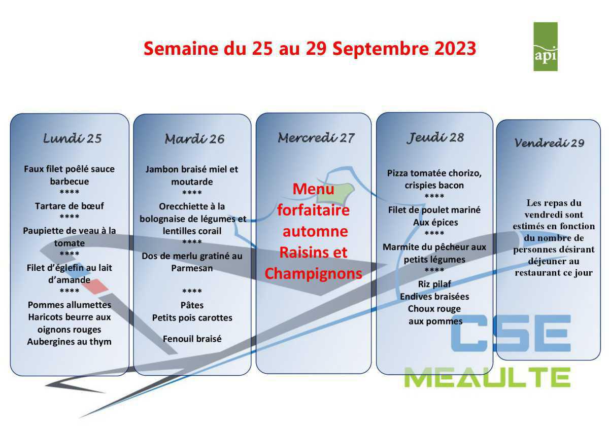 Menu du 25 au 29 Septembre