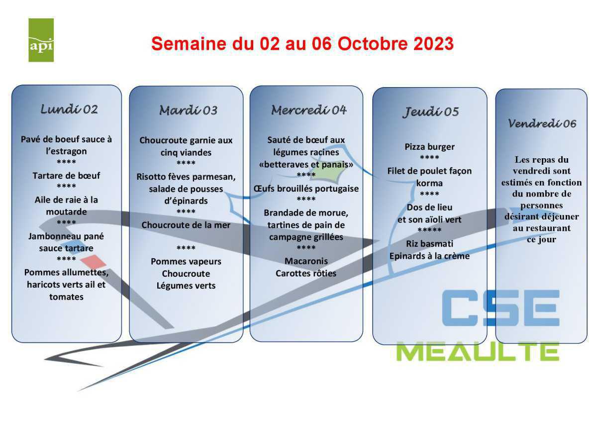 Menu du 02 au 06 Octobre