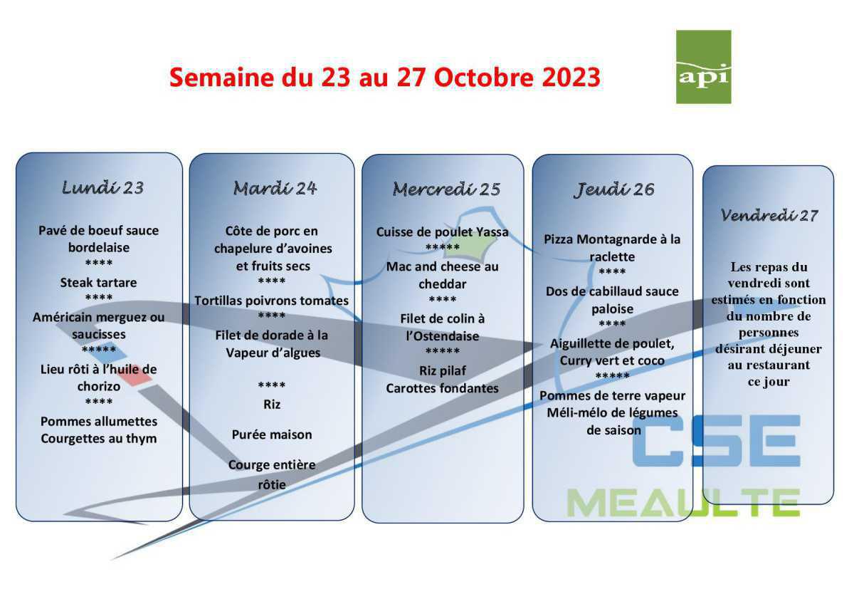 Menu du 23 au 27 Octobre