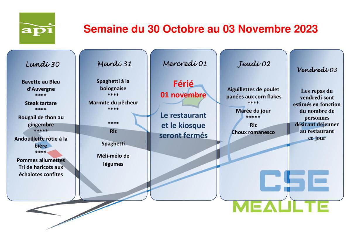 Menu du 30 Octobre au 03 Novembre
