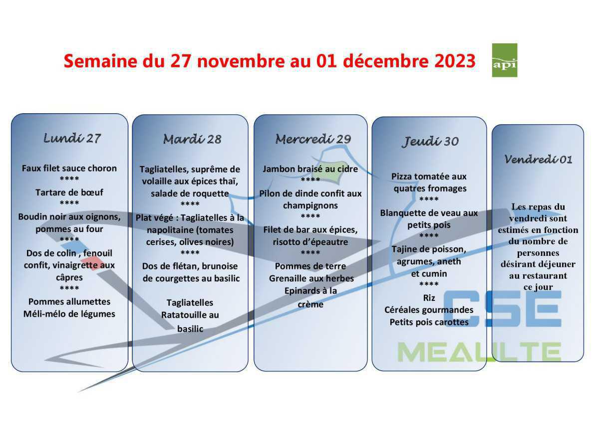 Menu du 27 novembre au 1er Décembre