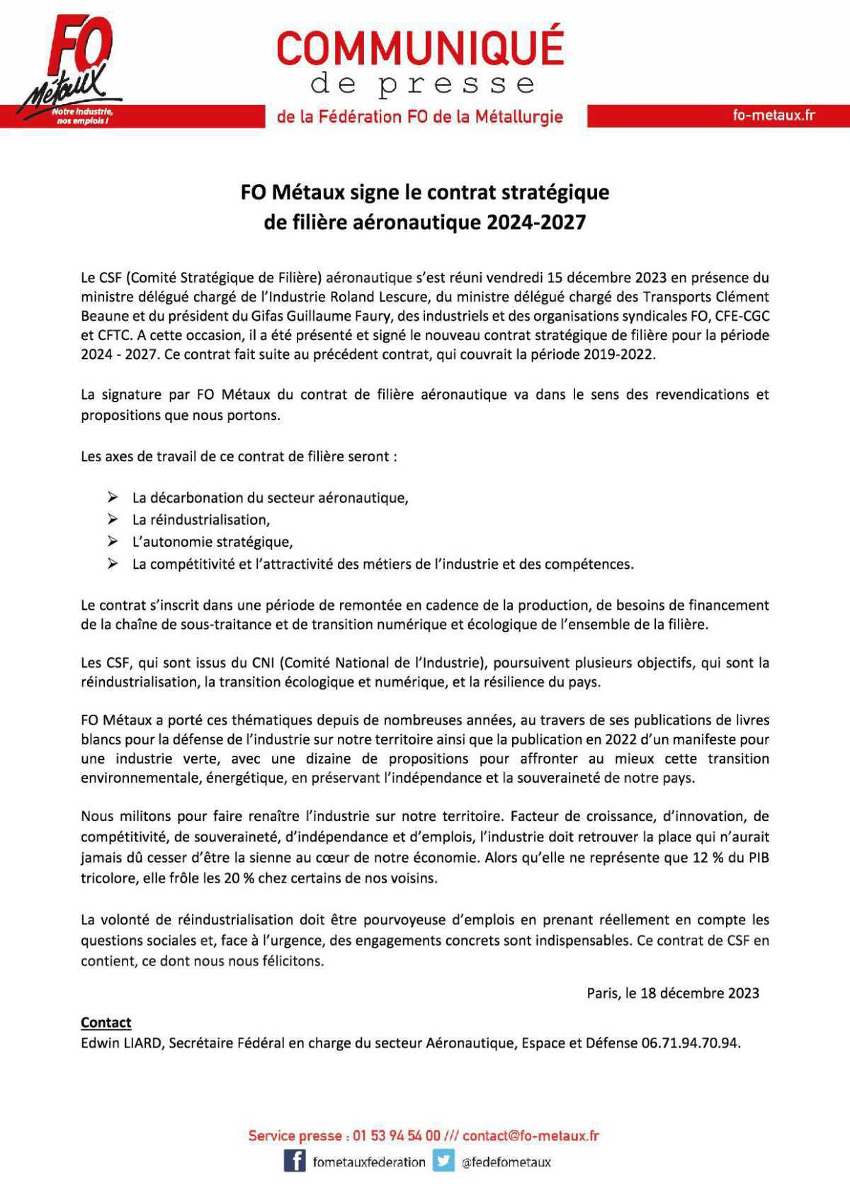 FO signe le contrat stratégique de la filière aéronautique