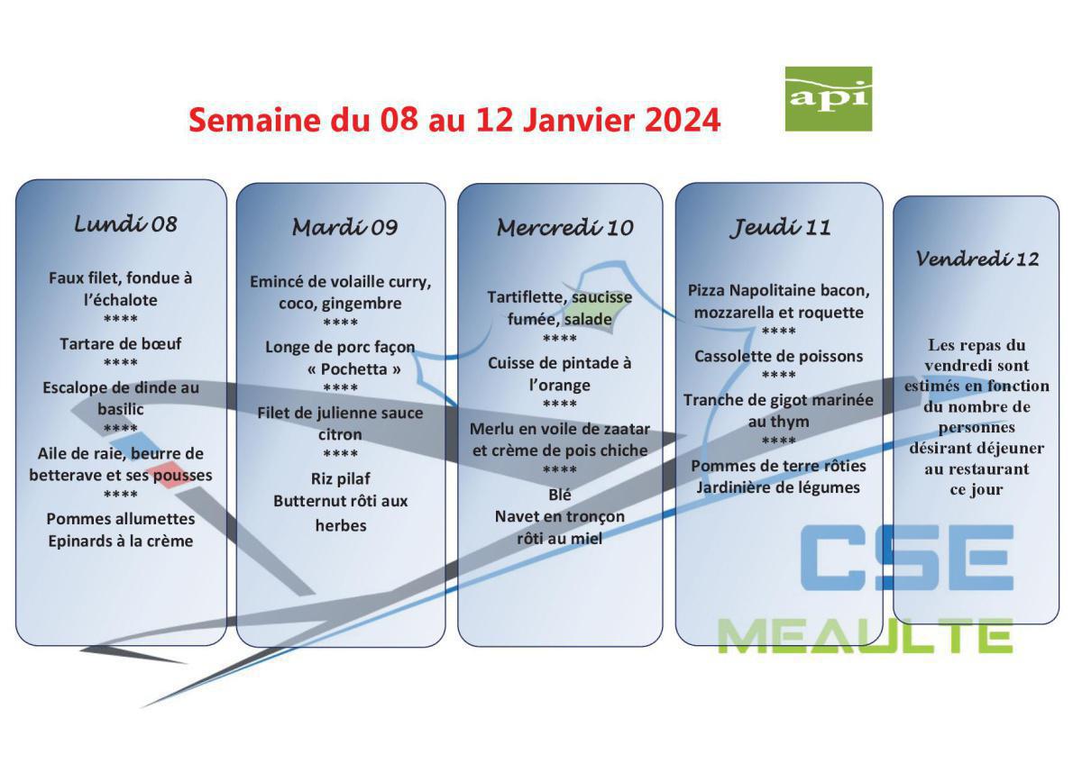 Menu du 08 au 12 Janvier 2024