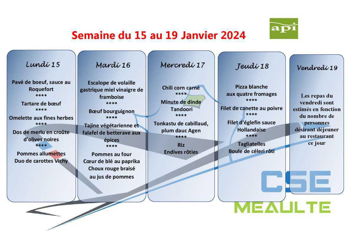 Menu du 15 au 19 Janvier