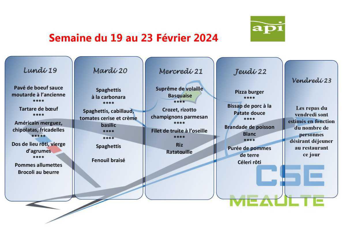 Menu du 19 au 23 Février