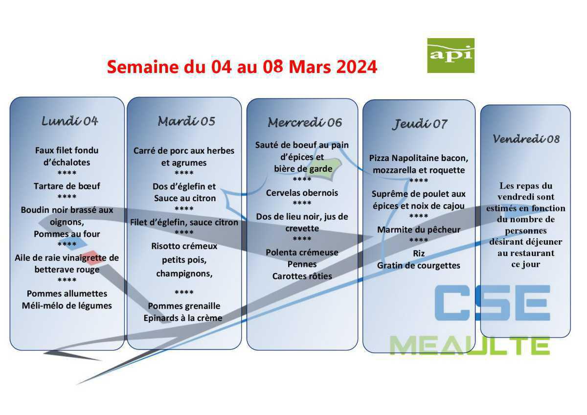 Menu du 04 au 08 Mars