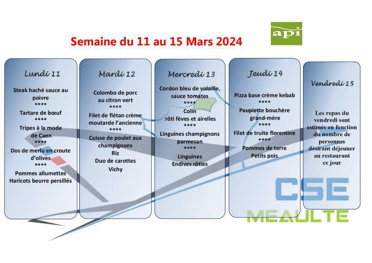 Menu du 11 au 15 Mars