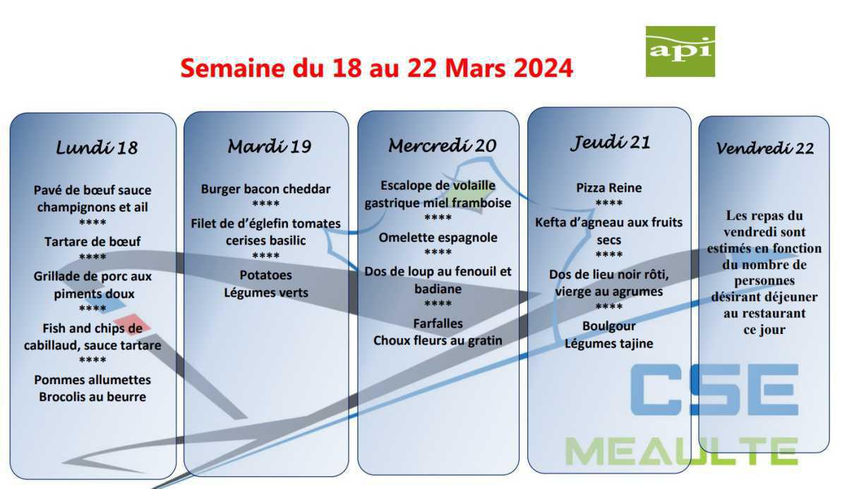 Menu du 18 au 22 Mars