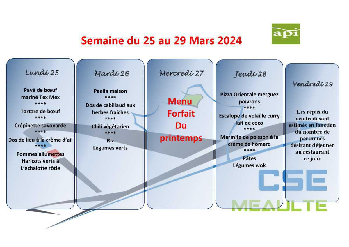 Menu du 25 au 29 Mars