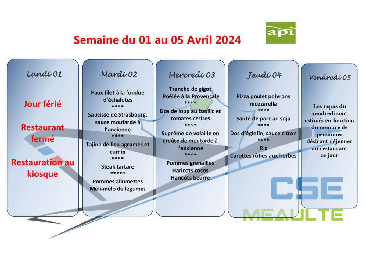 Menu du 1er au 05 Avril