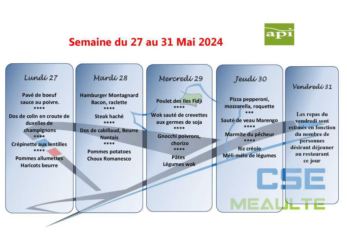 Menu du 27 au 31 Juin 