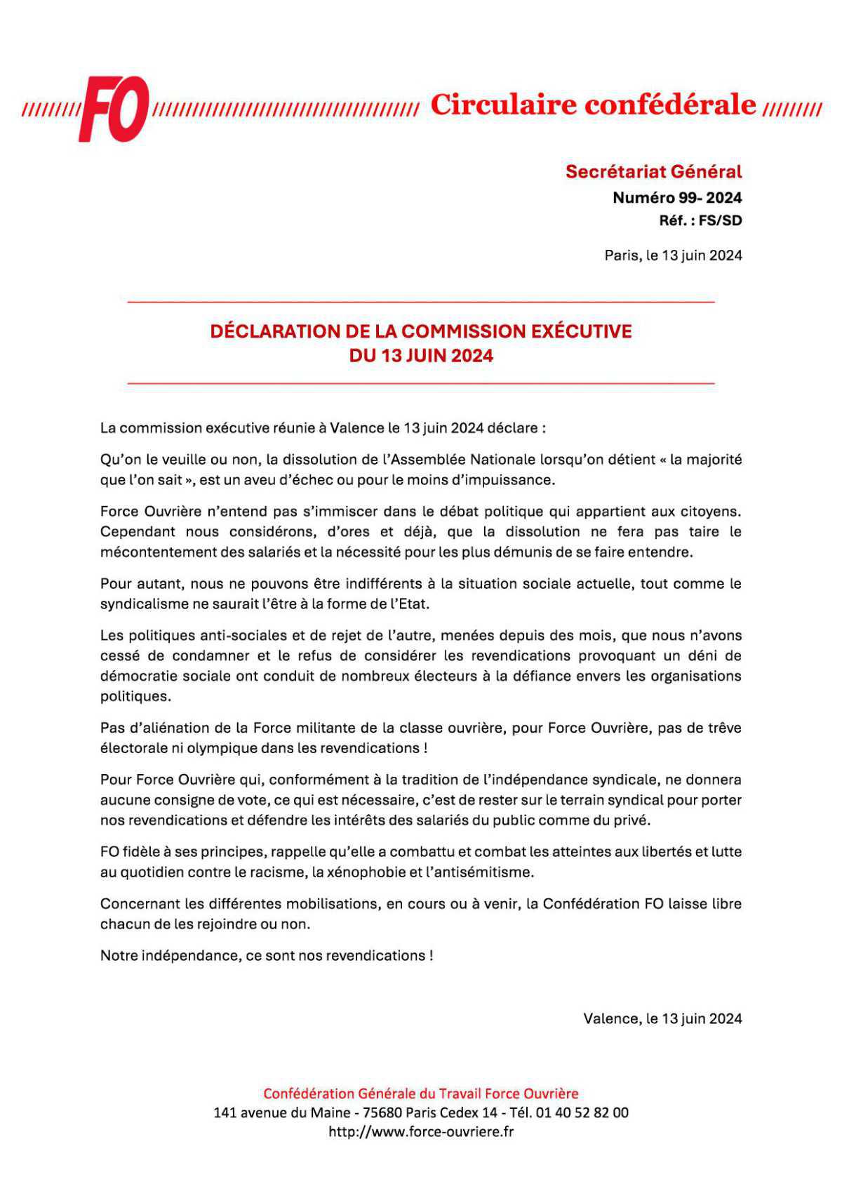 Déclaration de la Commission Exécutive confédérale