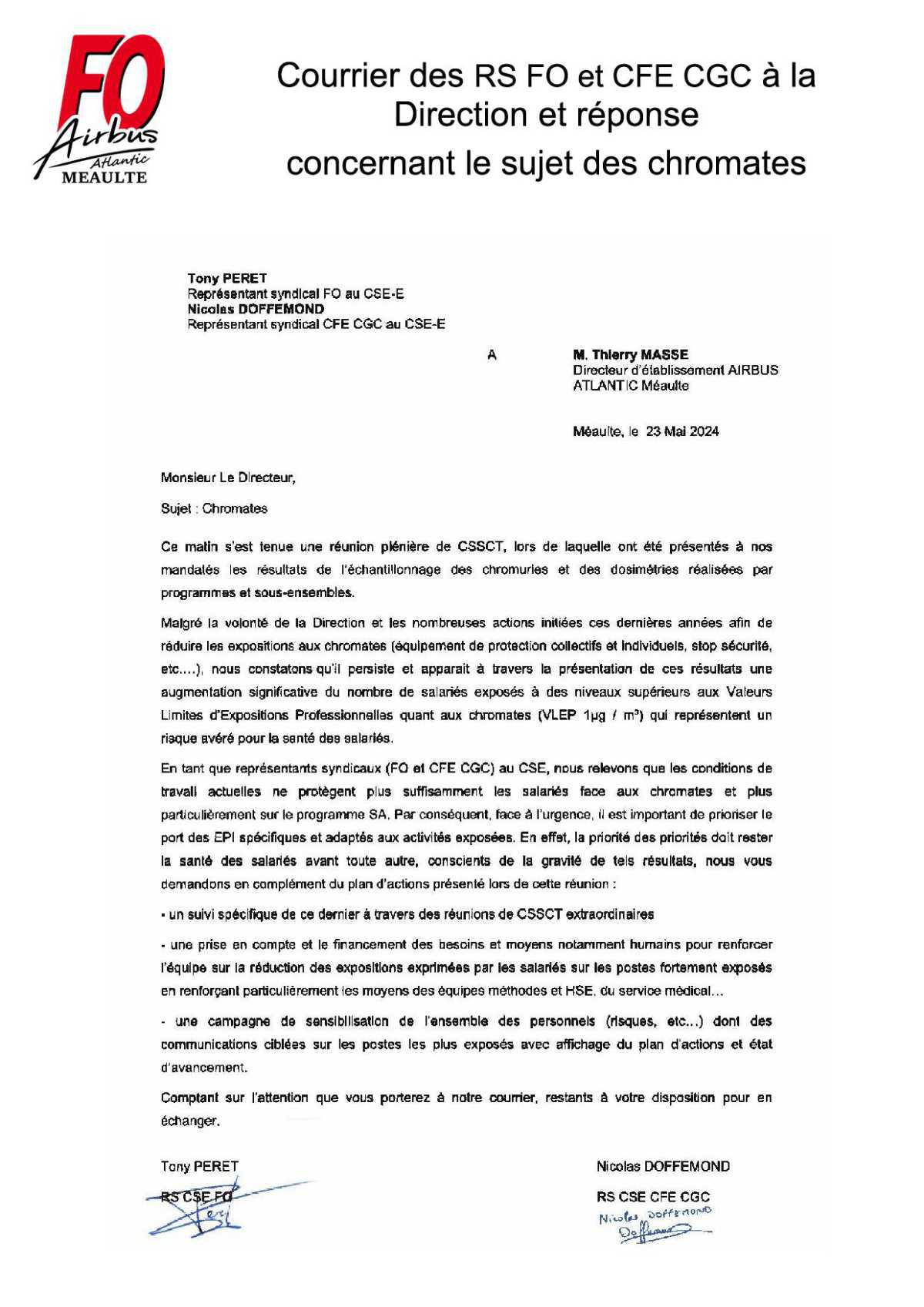 Courrier des RS CSE FO et CFE CGC : chromates