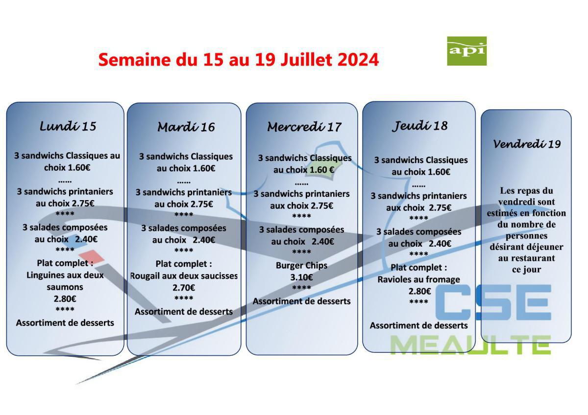 Menu du 15 au 19 Juillet