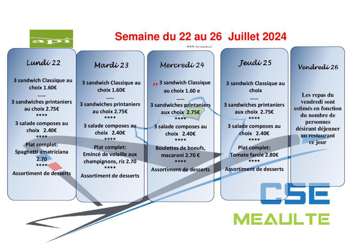 Menu du 22 au 29 Juillet