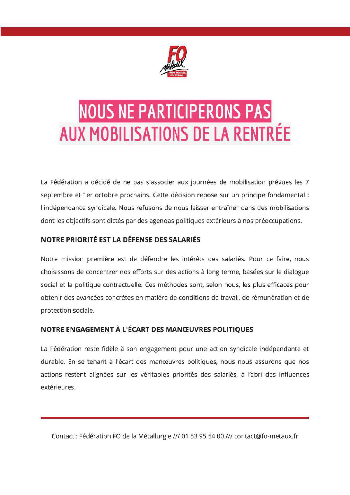 Nous ne participerons pas aux mobilisations de la rentrée