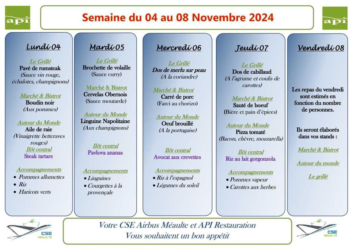 Menu du 04 au 08 Novembre